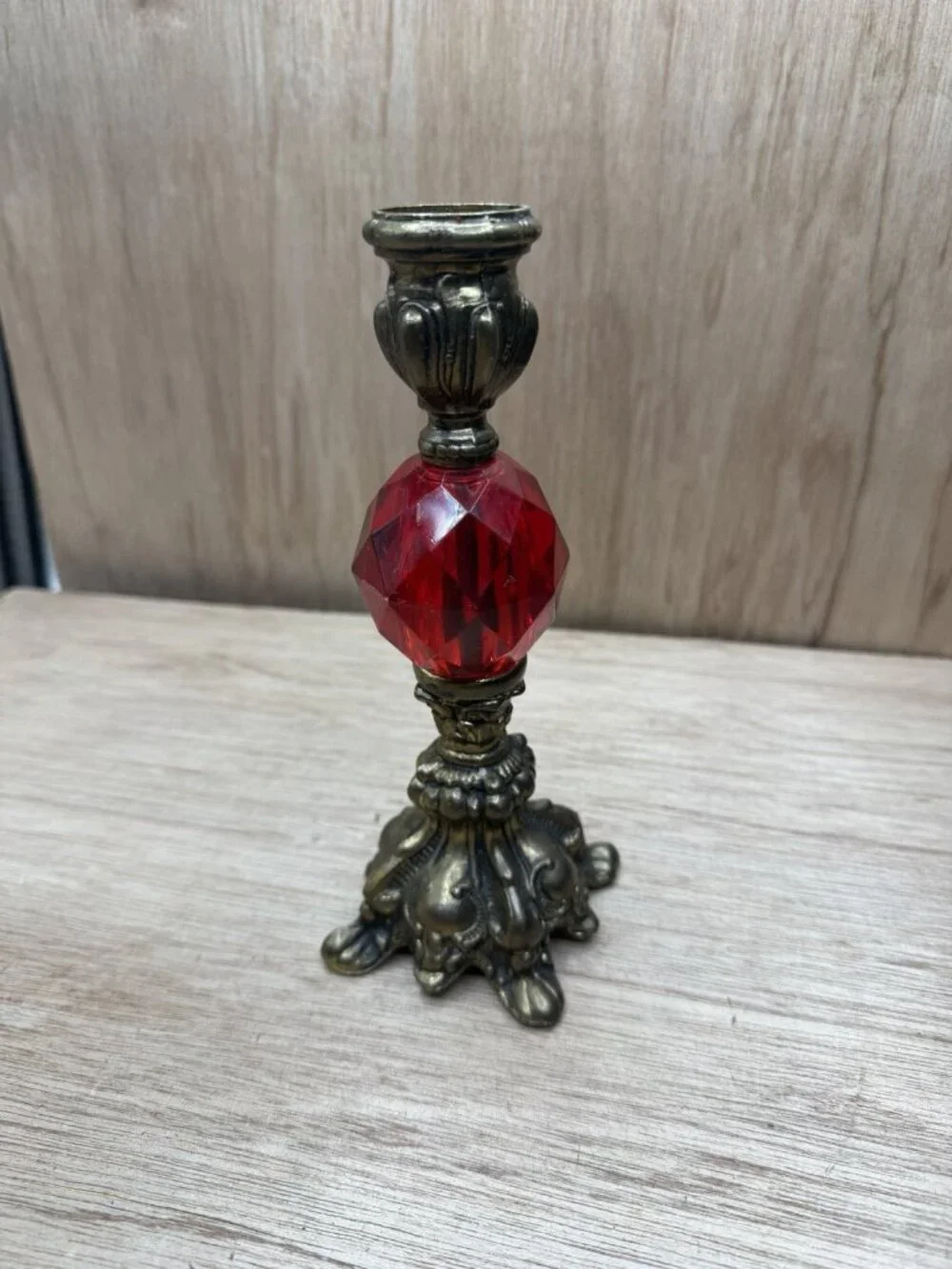 Hollywood Regency Red Lucite & Metal Candlestick, Taper Candle holder, 8